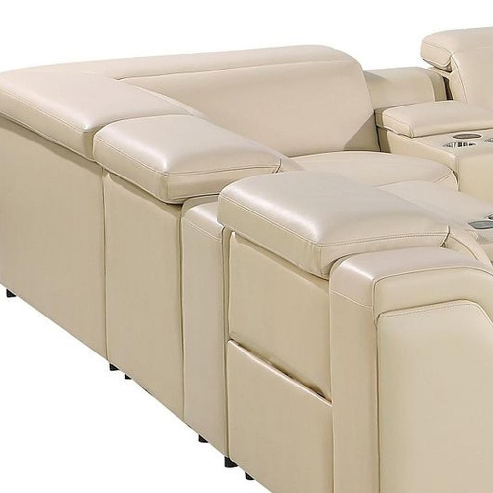 Beige Italian Leather Power Reclining U Shaped Twelve Piece Corner Sectional with Console