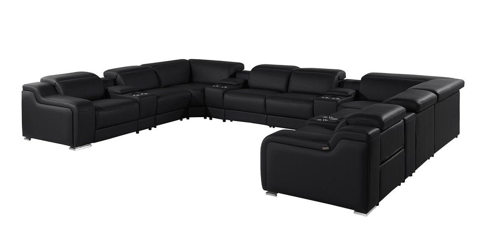 Black Italian Leather Power Reclining U Shaped Twelve Piece Corner Sectional with Console