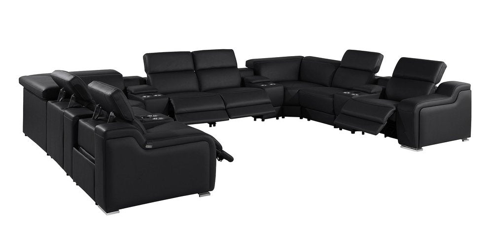 Black Italian Leather Power Reclining U Shaped Twelve Piece Corner Sectional with Console