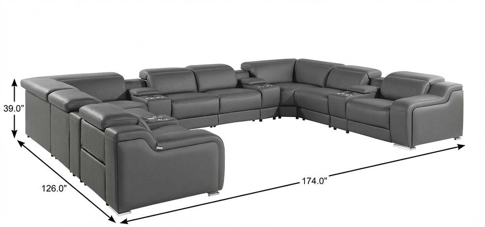 Dark Gray Italian Leather Power Reclining U Shaped Twelve Piece Corner Sectional with Console