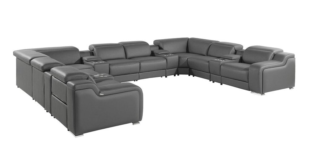 Dark Gray Italian Leather Power Reclining U Shaped Twelve Piece Corner Sectional with Console