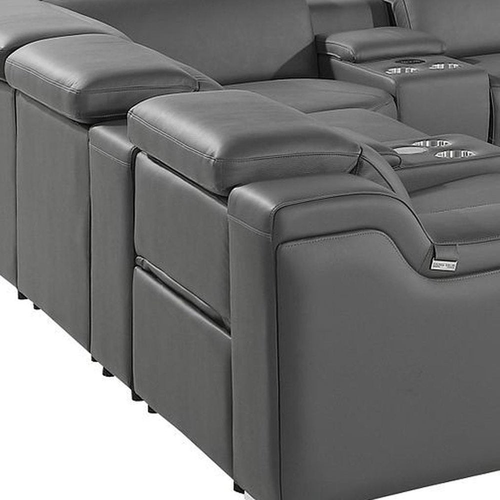 Dark Gray Italian Leather Power Reclining U Shaped Twelve Piece Corner Sectional with Console