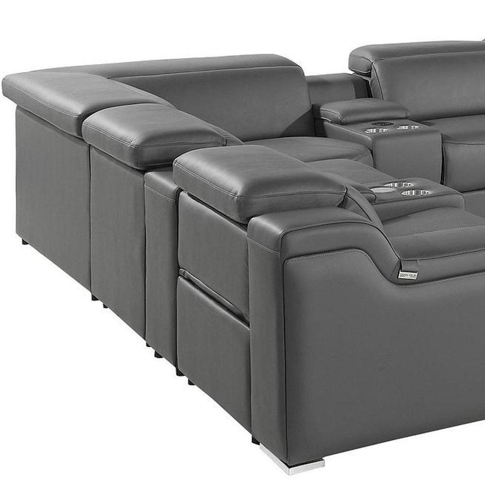 Dark Gray Italian Leather Power Reclining U Shaped Twelve Piece Corner Sectional with Console