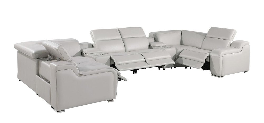 Light Gray Italian Leather Power Reclining U Shaped Eight Piece Corner Sectional with Console