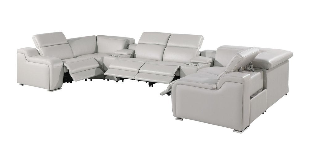 Light Gray Italian Leather Power Reclining U Shaped Eight Piece Corner Sectional with Console