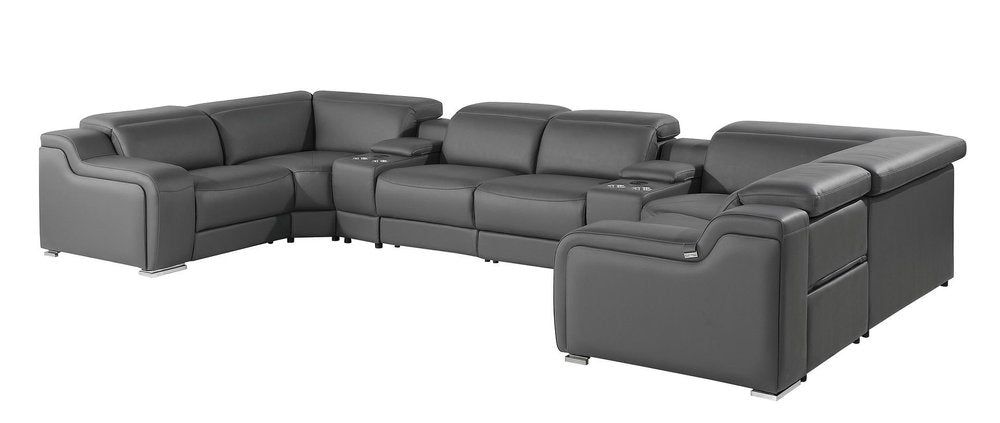 Dark Gray Italian Leather Power Reclining U Shaped Eight Piece Corner Sectional with Console