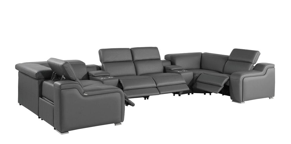 Dark Gray Italian Leather Power Reclining U Shaped Eight Piece Corner Sectional with Console