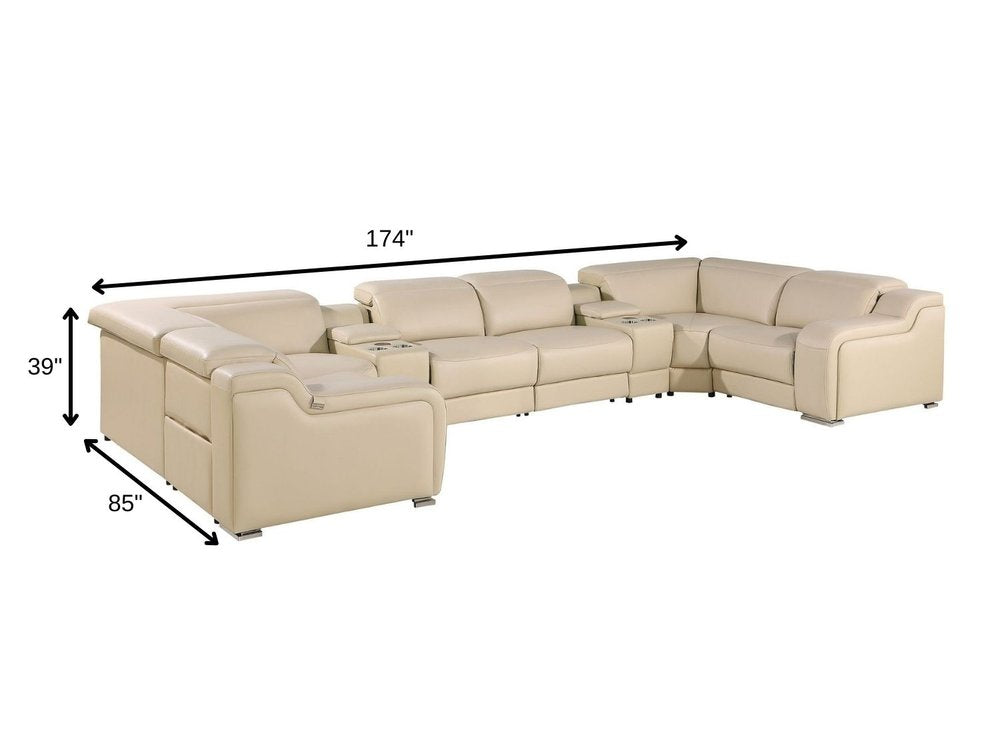 Beige Italian Leather Power Reclining U Shaped Eight Piece Corner Sectional with Console