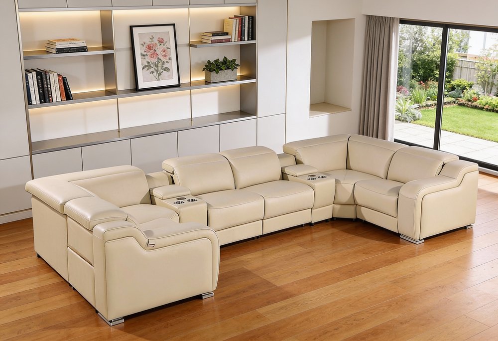 Beige Italian Leather Power Reclining U Shaped Eight Piece Corner Sectional with Console