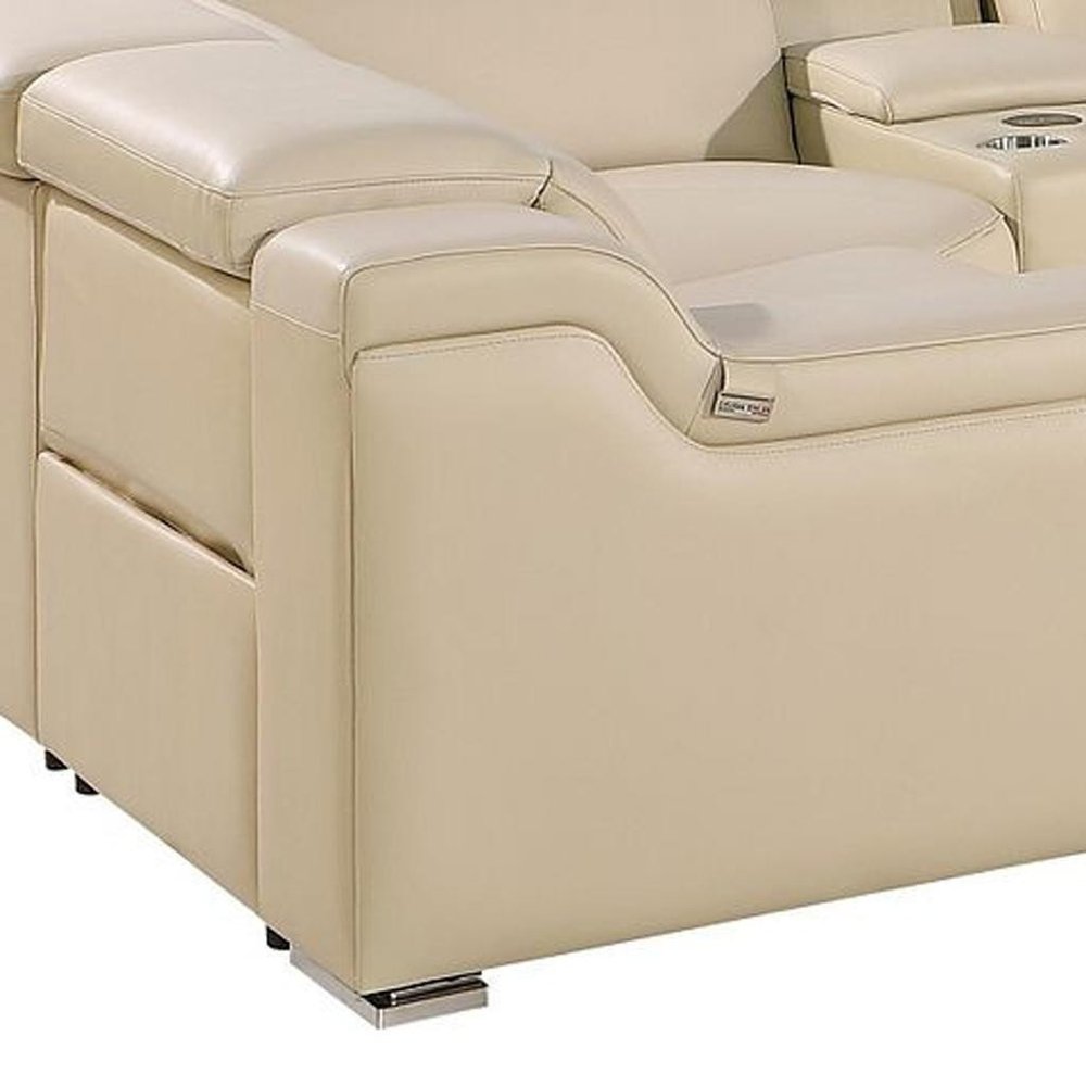 Beige Italian Leather Power Reclining U Shaped Eight Piece Corner Sectional with Console