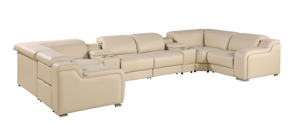 Beige Italian Leather Power Reclining U Shaped Eight Piece Corner Sectional with Console