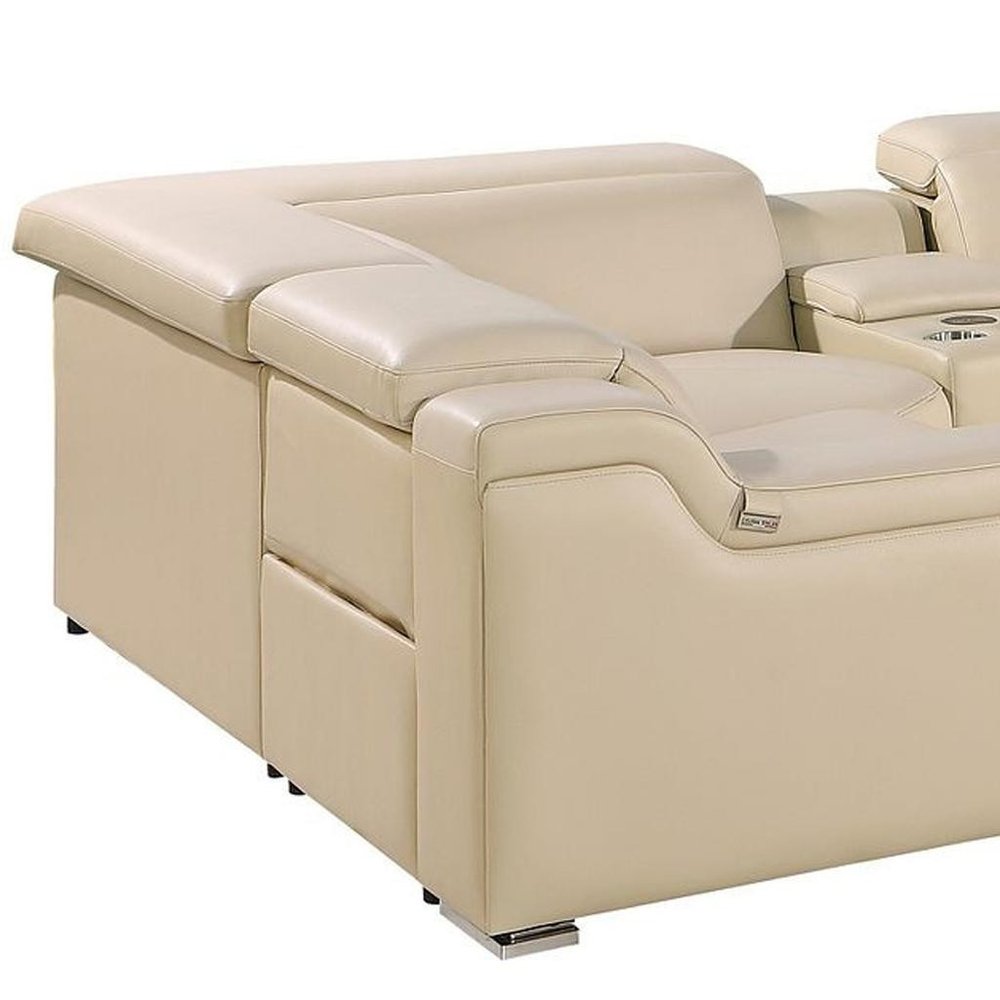 Beige Italian Leather Power Reclining U Shaped Eight Piece Corner Sectional with Console