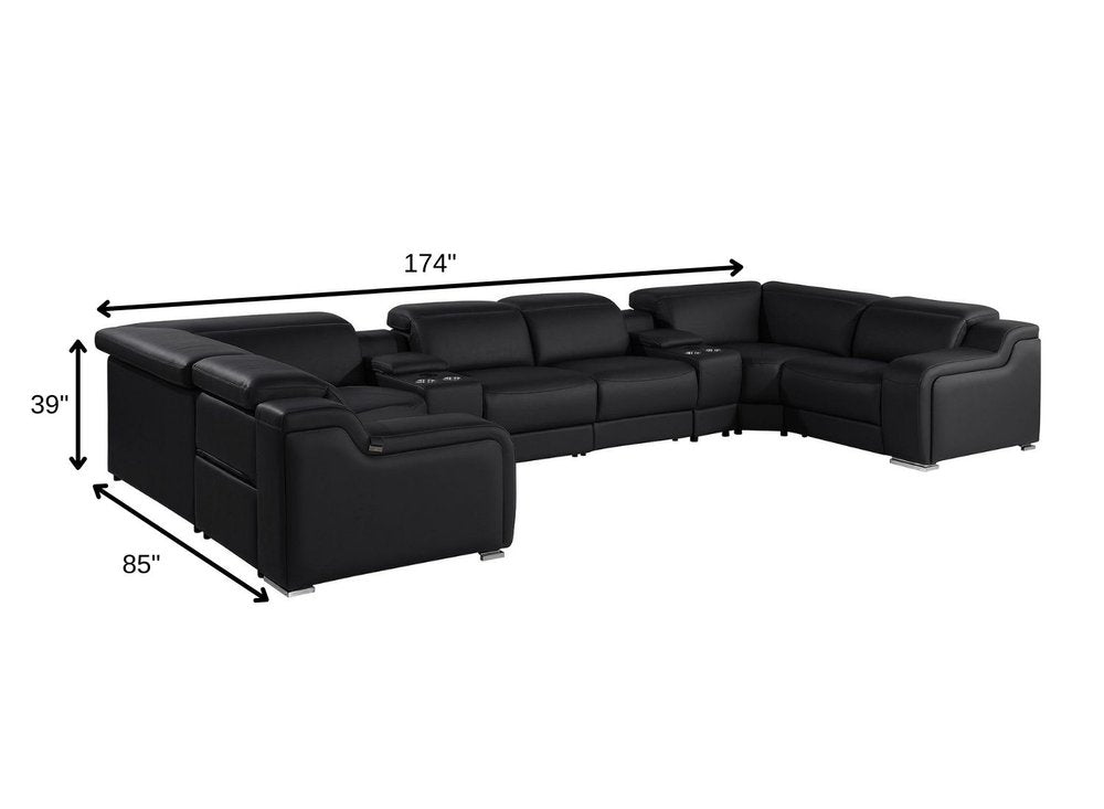 Black Italian Leather Power Reclining U Shaped Eight Piece Corner Sectional with Console