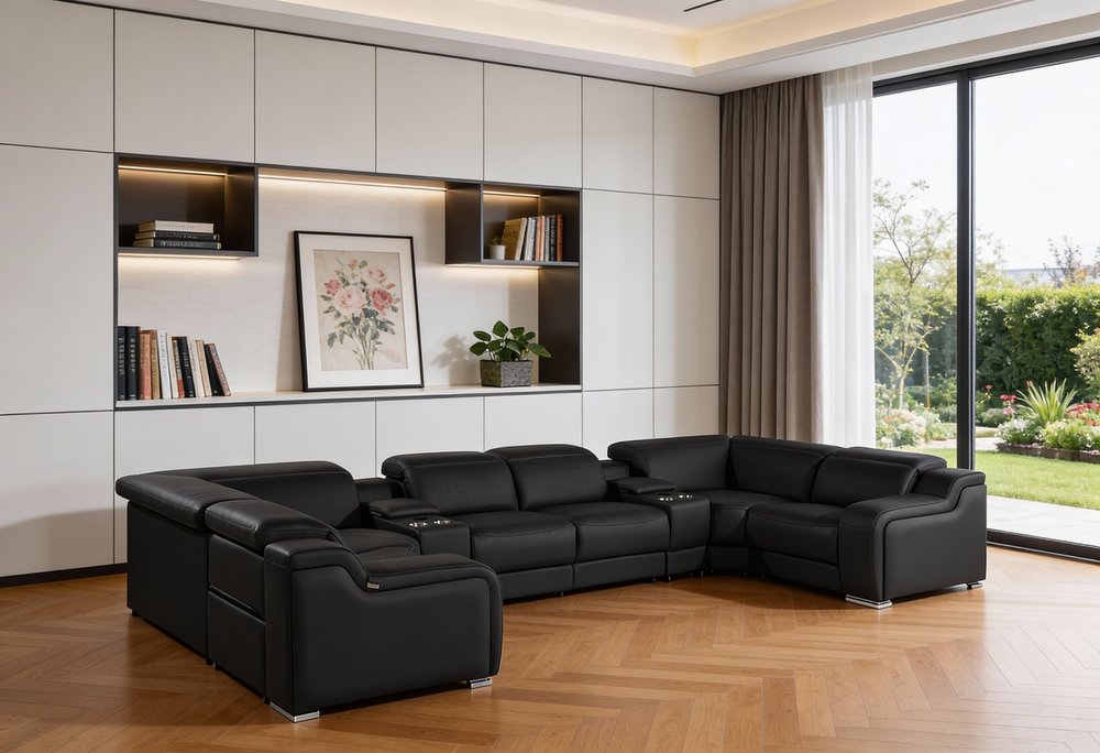 Black Italian Leather Power Reclining U Shaped Eight Piece Corner Sectional with Console