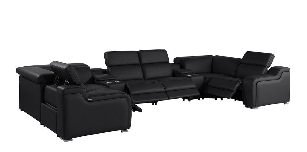 Black Italian Leather Power Reclining U Shaped Eight Piece Corner Sectional with Console