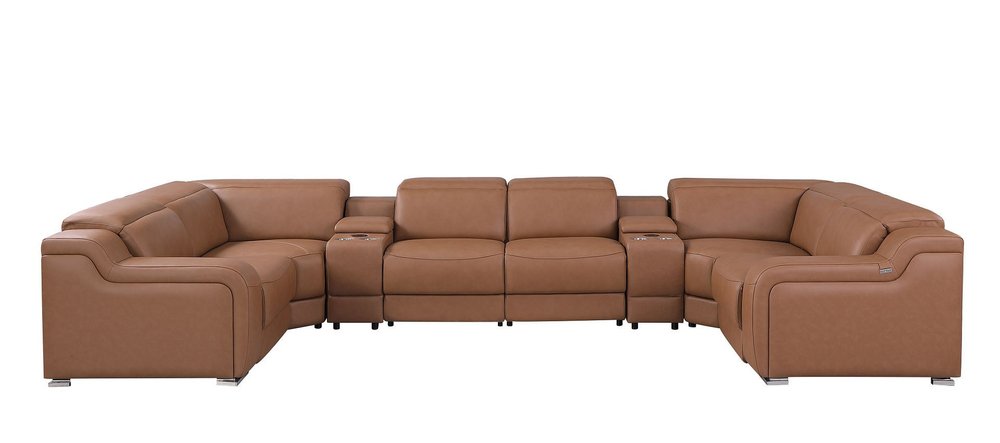 Chestnut Italian Leather Power Reclining U Shaped Eight Piece Corner Sectional with Console