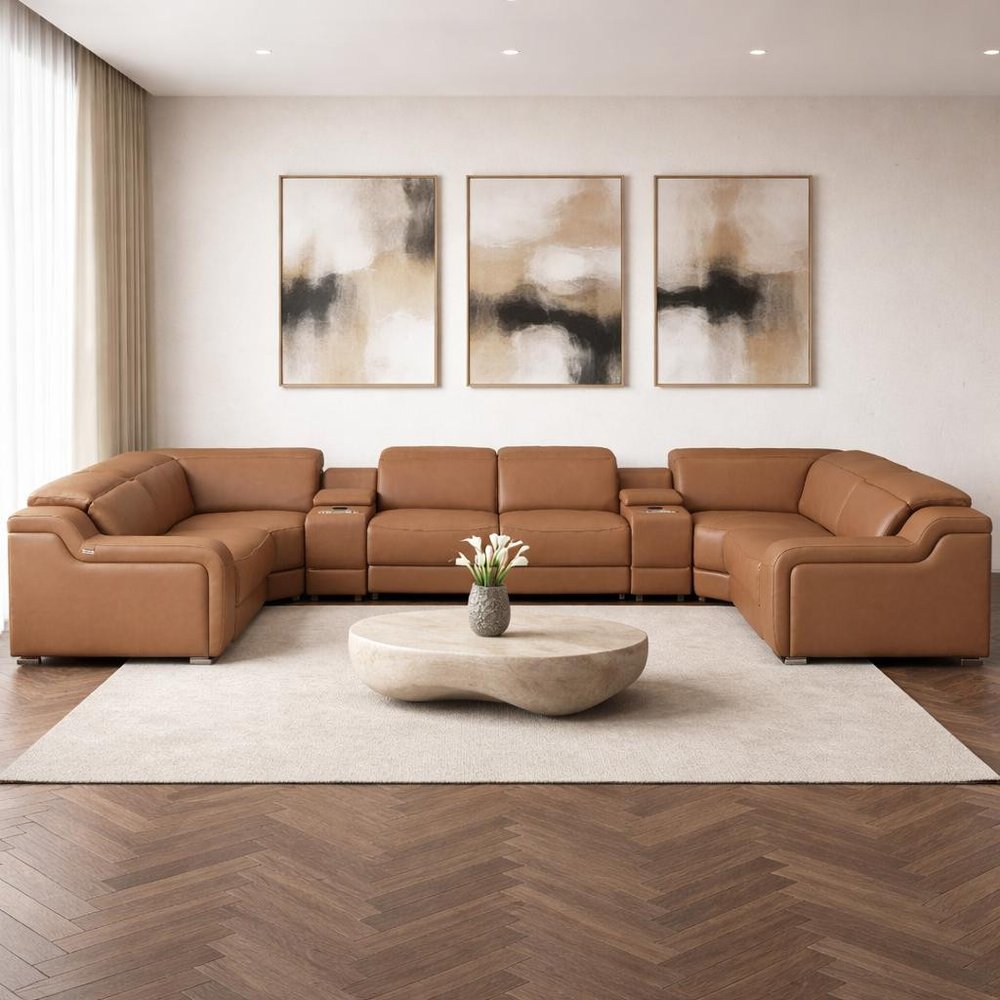 Chestnut Italian Leather Power Reclining U Shaped Eight Piece Corner Sectional with Console