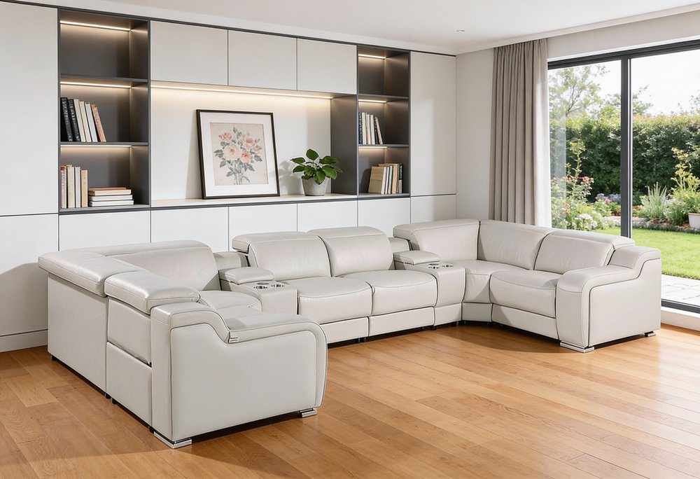 Light Gray Italian Leather Power Reclining U Shaped Eight Piece Corner Sectional with Console