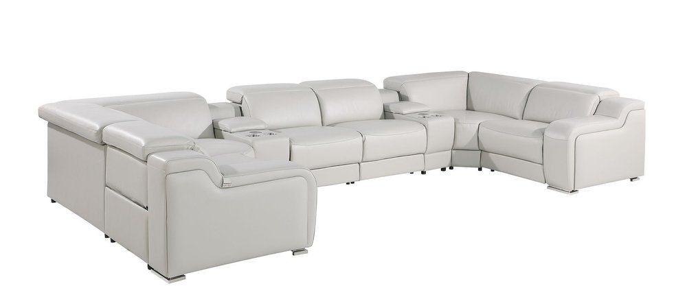 Light Gray Italian Leather Power Reclining U Shaped Eight Piece Corner Sectional with Console