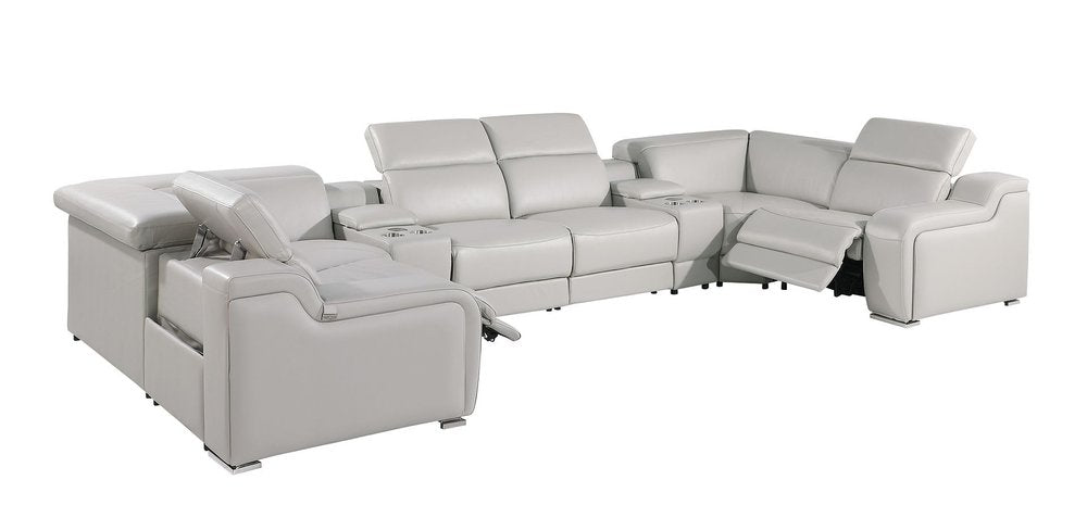 Light Gray Italian Leather Power Reclining U Shaped Eight Piece Corner Sectional with Console