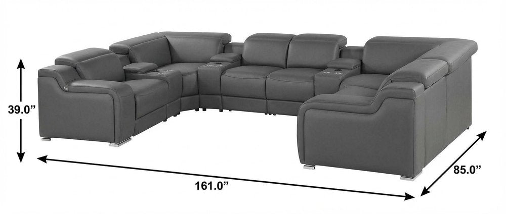 Dark Gray Italian Leather Power Reclining U Shaped Eight Piece Corner Sectional with Console