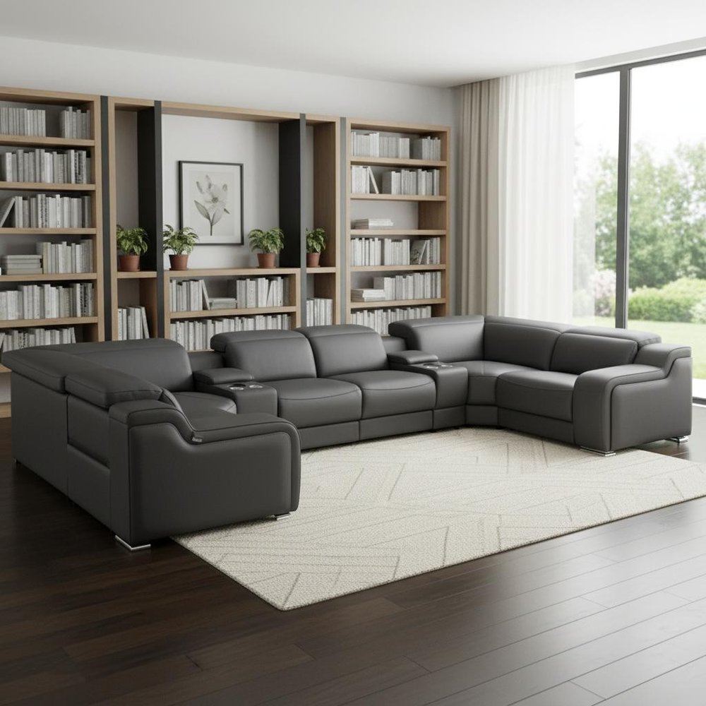 Dark Gray Italian Leather Power Reclining U Shaped Eight Piece Corner Sectional with Console