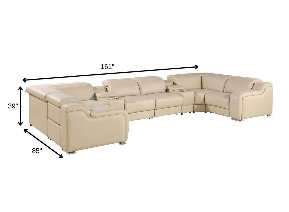 Beige Italian Leather Power Reclining U Shaped Eight Piece Corner Sectional with Console