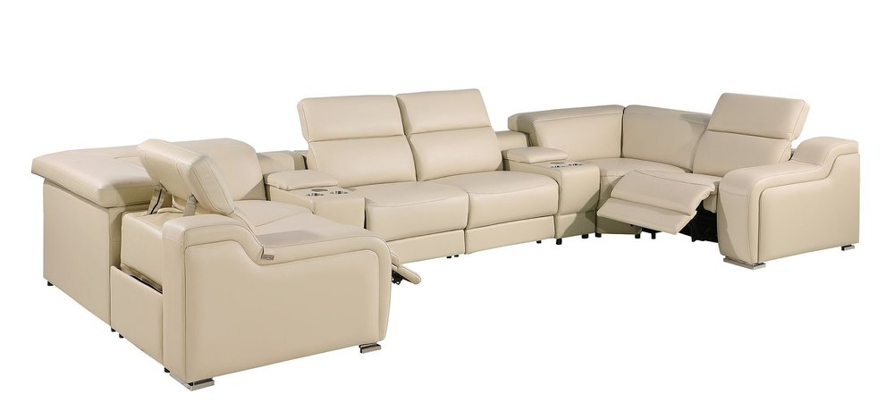 Beige Italian Leather Power Reclining U Shaped Eight Piece Corner Sectional with Console
