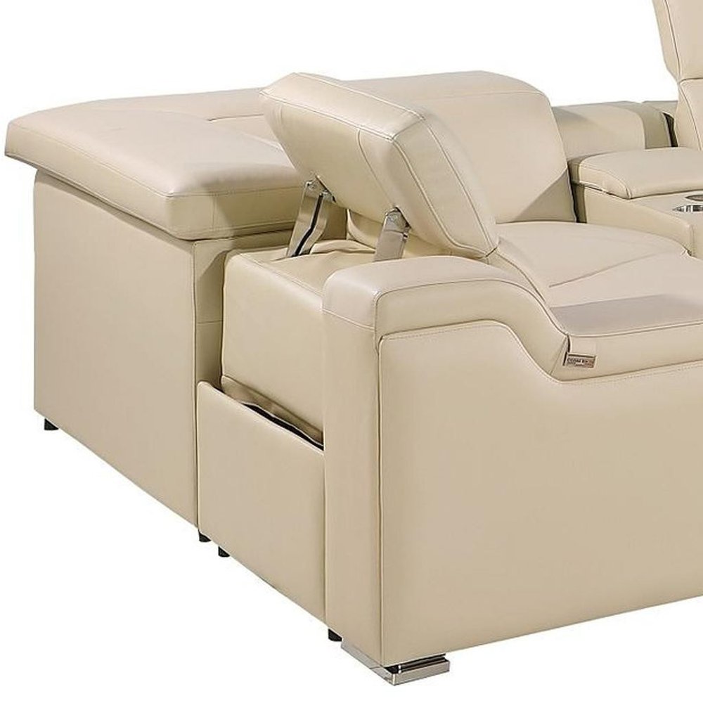 Beige Italian Leather Power Reclining U Shaped Eight Piece Corner Sectional with Console