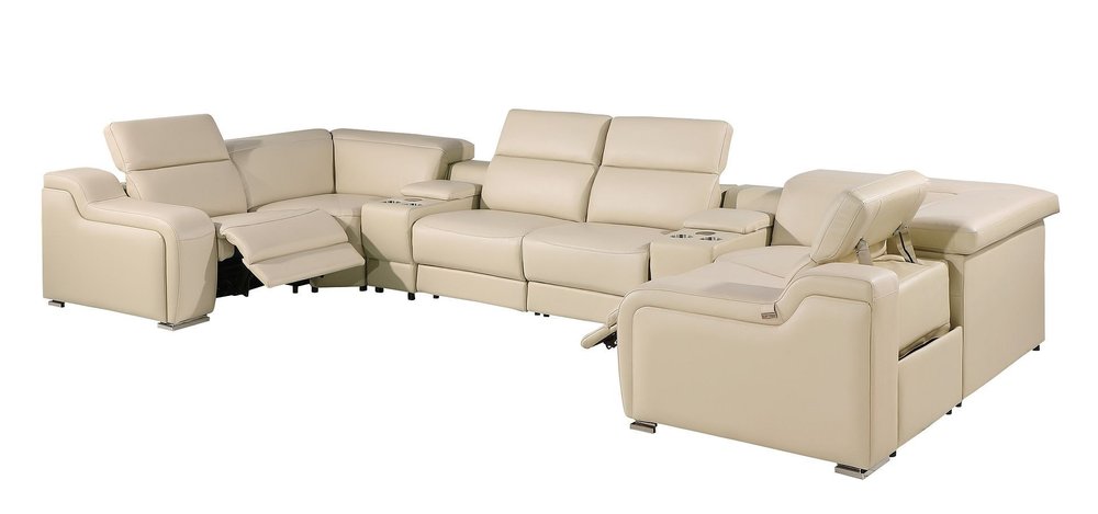 Beige Italian Leather Power Reclining U Shaped Eight Piece Corner Sectional with Console