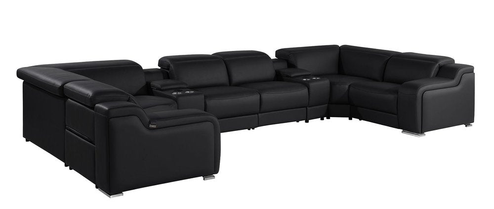 Black Italian Leather Power Reclining U Shaped Eight Piece Corner Sectional with Console