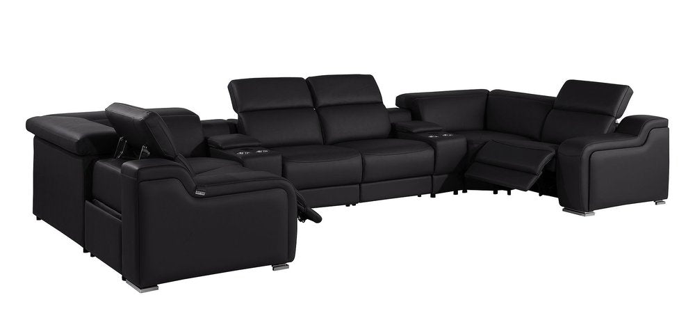 Black Italian Leather Power Reclining U Shaped Eight Piece Corner Sectional with Console