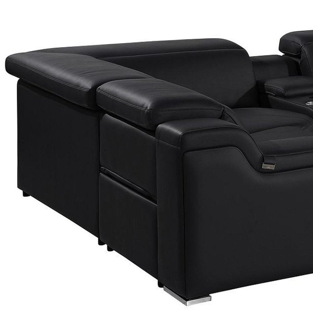 Black Italian Leather Power Reclining U Shaped Eight Piece Corner Sectional with Console