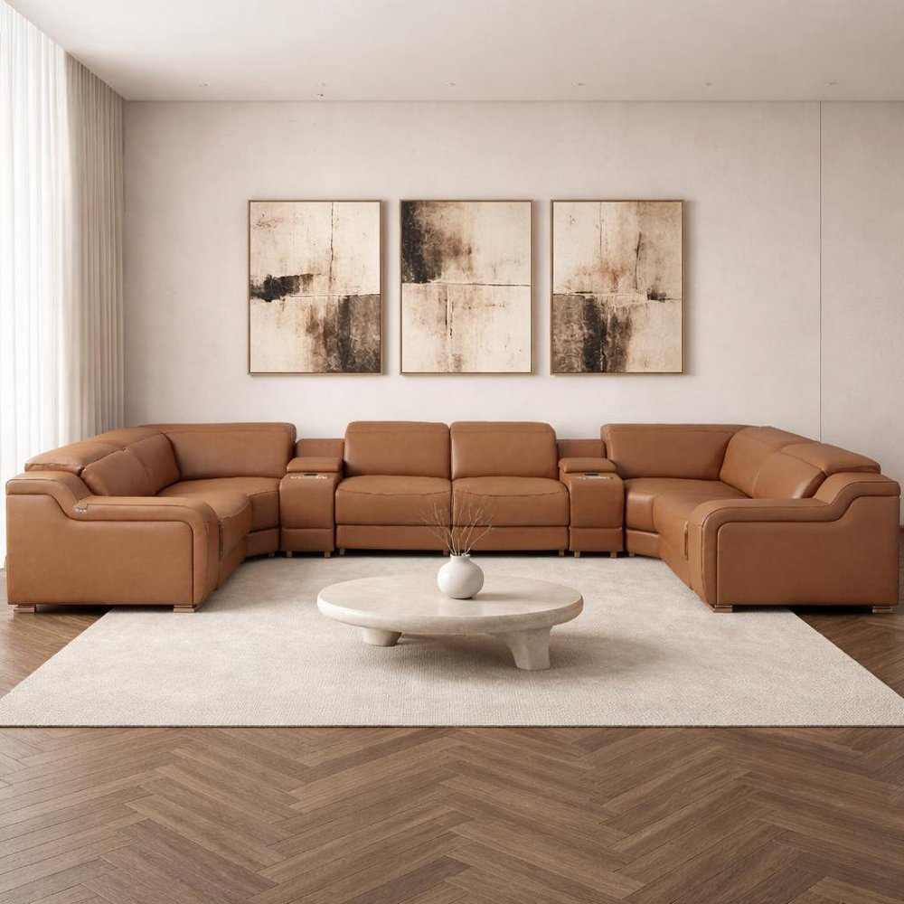 Chestnut Italian Leather Power Reclining U Shaped Eight Piece Corner Sectional with Console