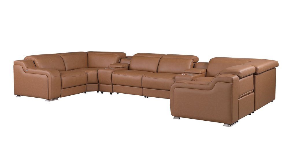 Chestnut Italian Leather Power Reclining U Shaped Eight Piece Corner Sectional with Console