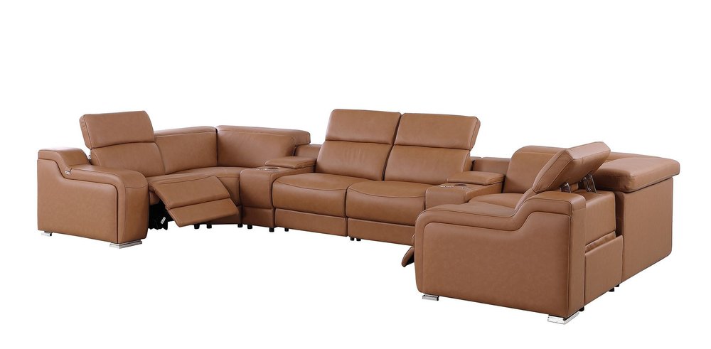 Chestnut Italian Leather Power Reclining U Shaped Eight Piece Corner Sectional with Console