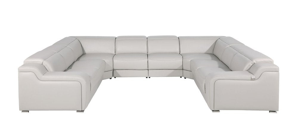 Light Gray Italian Leather Power Reclining U Shaped Eight Piece Corner Sectional with Console