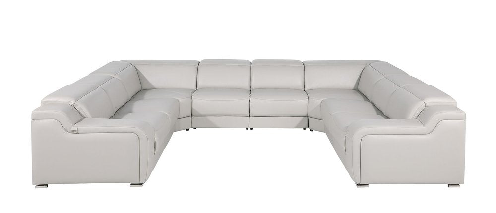 Light Gray Italian Leather Power Reclining U Shaped Eight Piece Corner Sectional with Console
