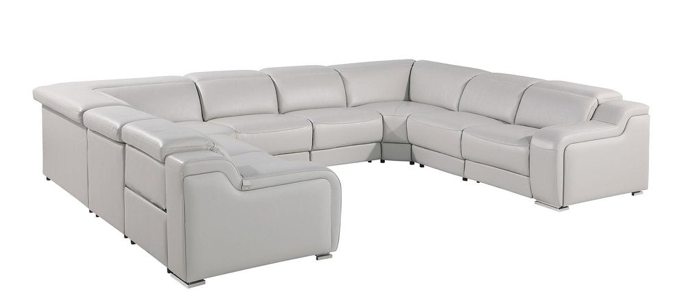 Light Gray Italian Leather Power Reclining U Shaped Eight Piece Corner Sectional with Console