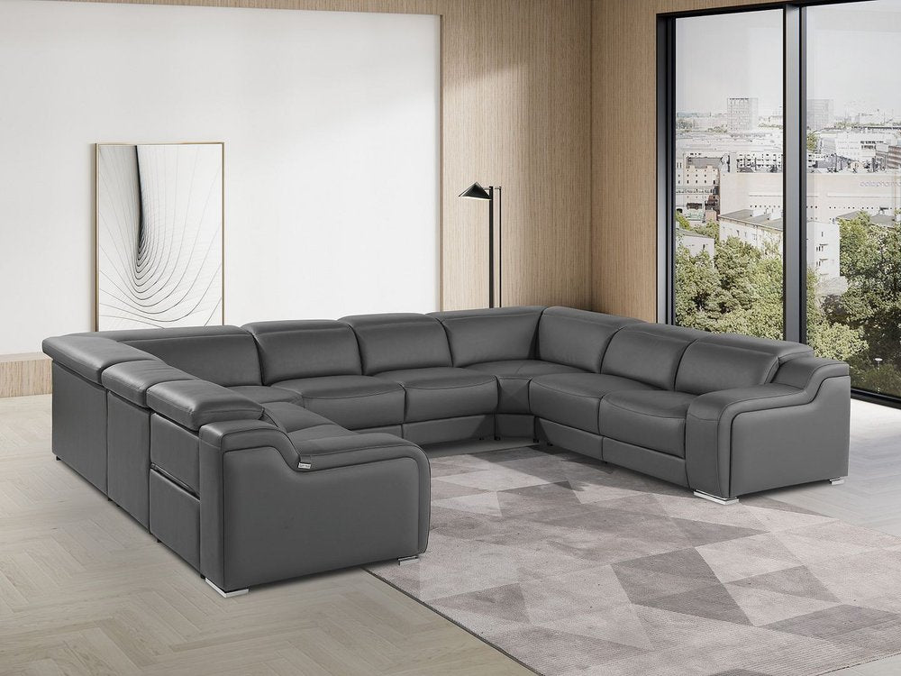 Dark Gray Italian Leather Power Reclining U Shaped Eight Piece Corner Sectional with Console