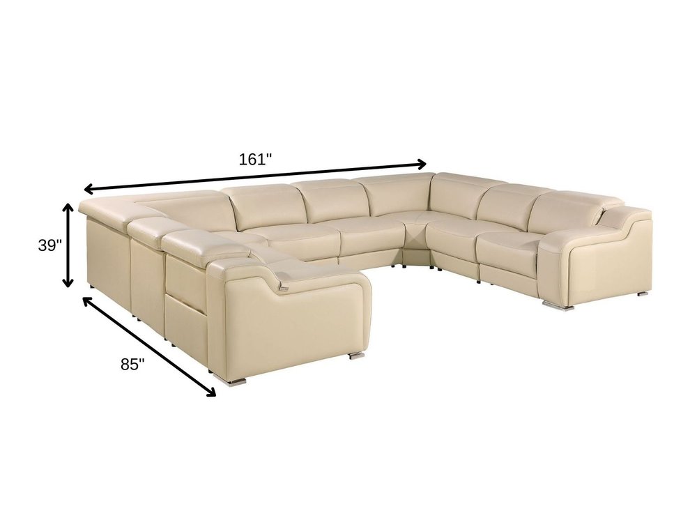 Beige Italian Leather Power Reclining U Shaped Eight Piece Corner Sectional with Console