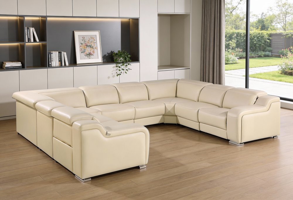 Beige Italian Leather Power Reclining U Shaped Eight Piece Corner Sectional with Console