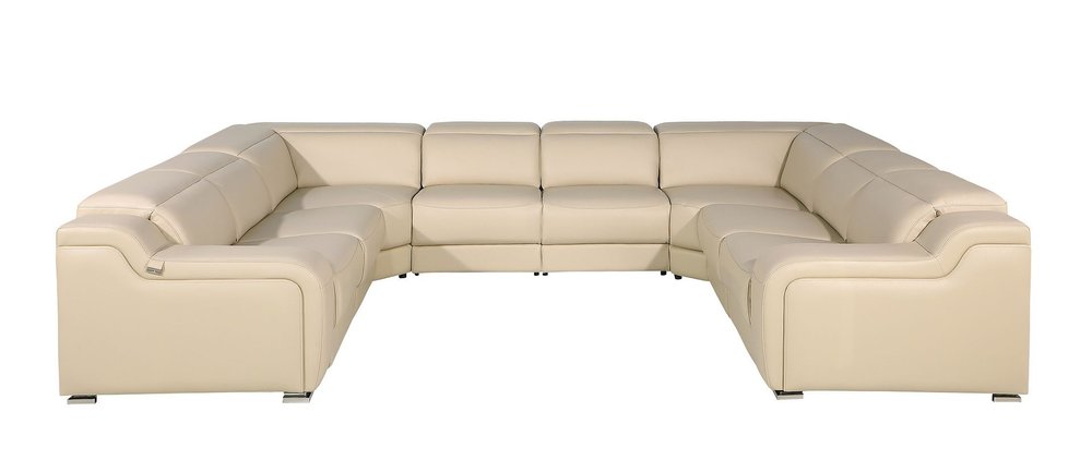 Beige Italian Leather Power Reclining U Shaped Eight Piece Corner Sectional with Console
