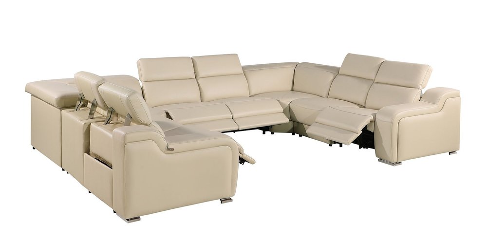 Beige Italian Leather Power Reclining U Shaped Eight Piece Corner Sectional with Console