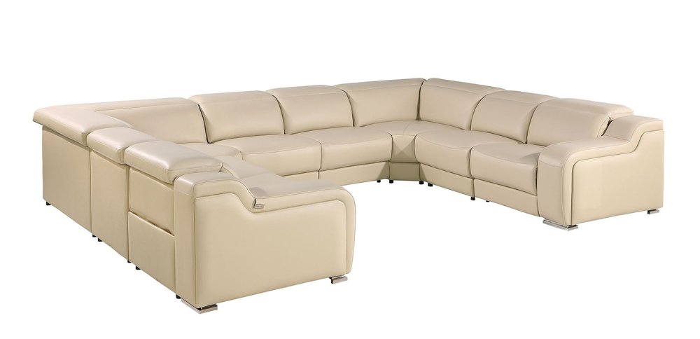 Beige Italian Leather Power Reclining U Shaped Eight Piece Corner Sectional with Console