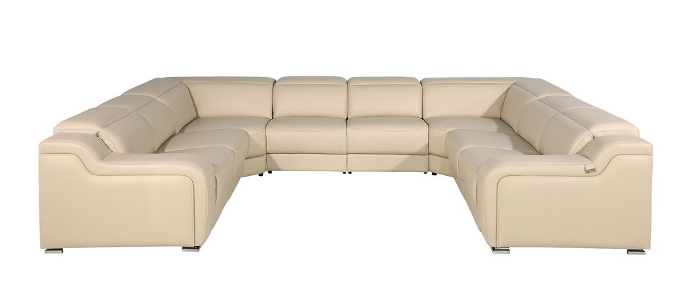 Beige Italian Leather Power Reclining U Shaped Eight Piece Corner Sectional with Console
