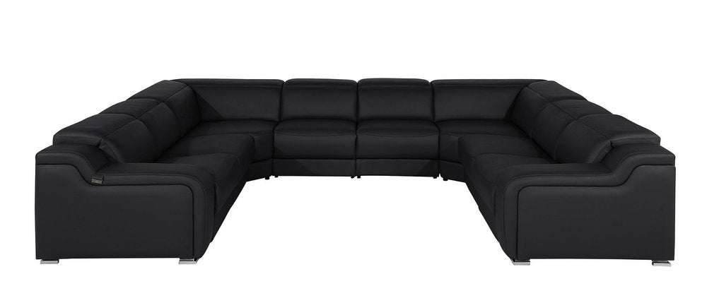 Black Italian Leather Power Reclining U Shaped Eight Piece Corner Sectional with Console
