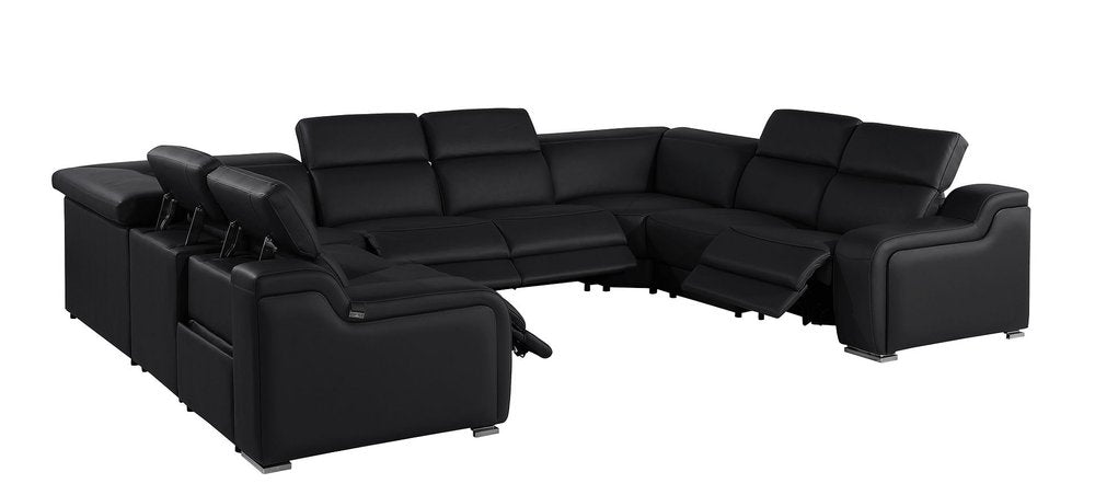 Black Italian Leather Power Reclining U Shaped Eight Piece Corner Sectional with Console