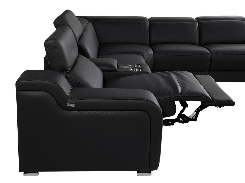 Black Italian Leather Power Reclining U Shaped Eight Piece Corner Sectional with Console
