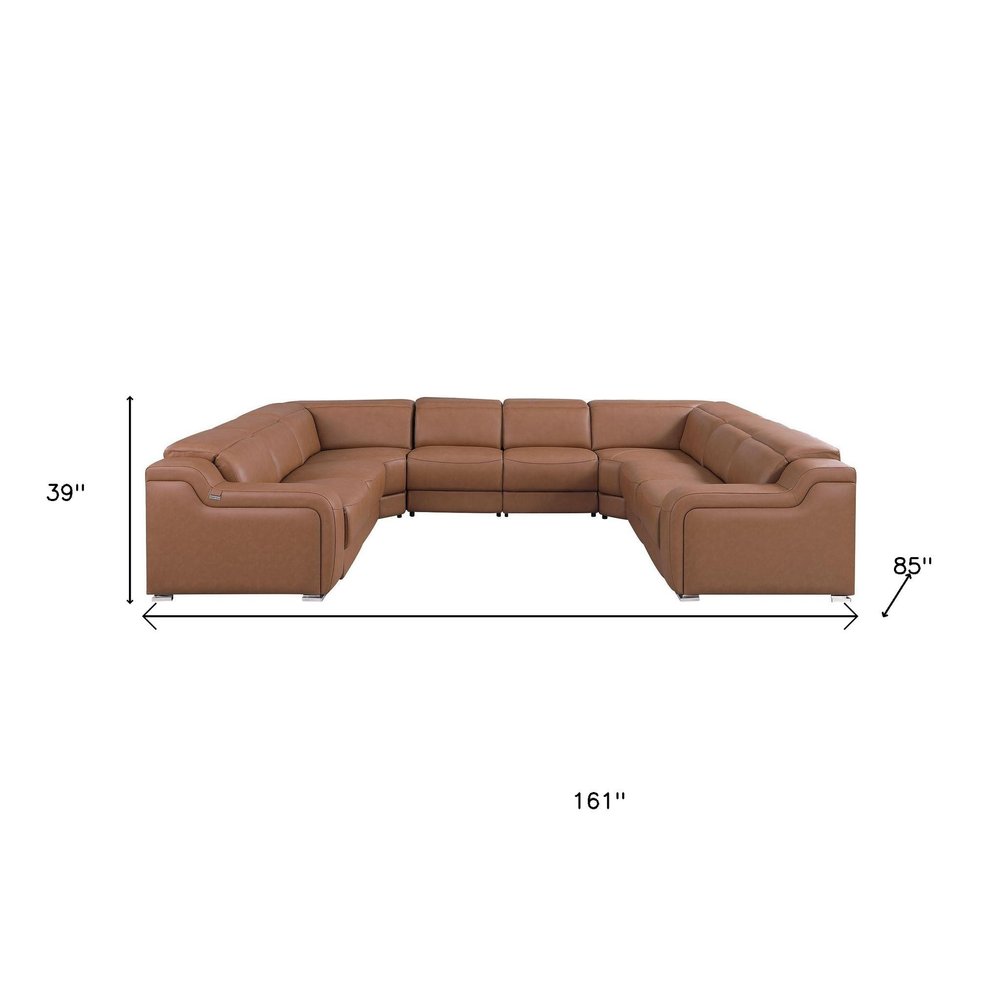 Chestnut Italian Leather Power Reclining U Shaped Eight Piece Corner Sectional with Console